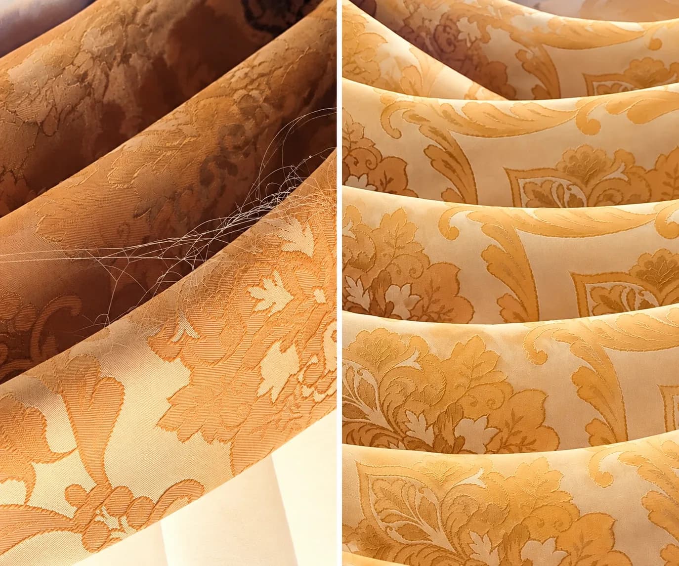 Gold damask drapes covered in cobwebs and dust, then clean