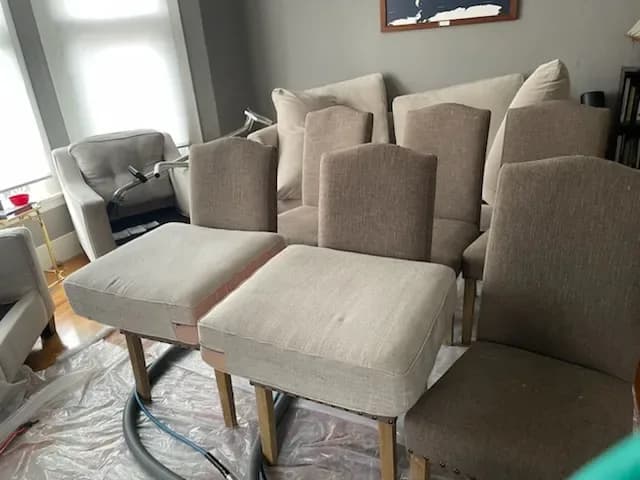 Fabric dining chairs and a sofa on a protected floor during upholstery cleaning