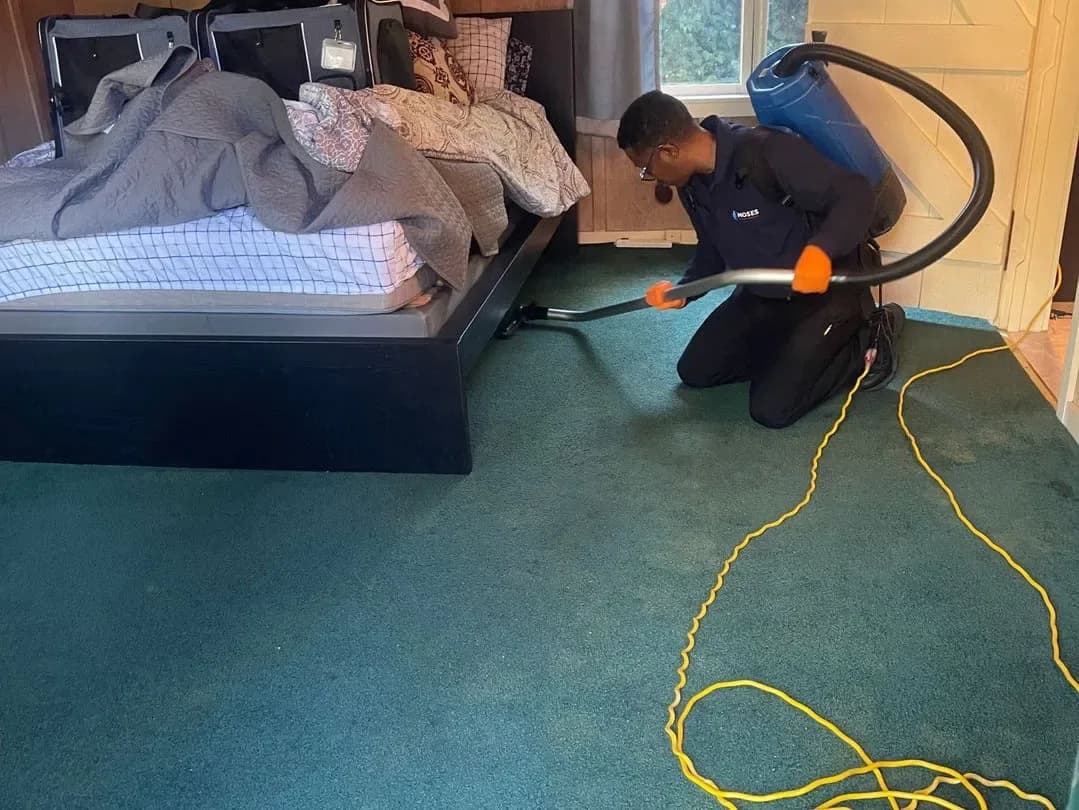 Technician cleaning bedroom carpet by hand